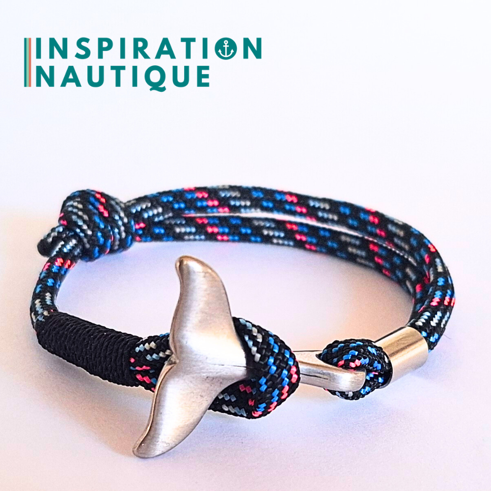 Bracelet marin avec queue de baleine en paracorde 550 et acier inoxydable, ajustable, Borg, surliure noire, Medium