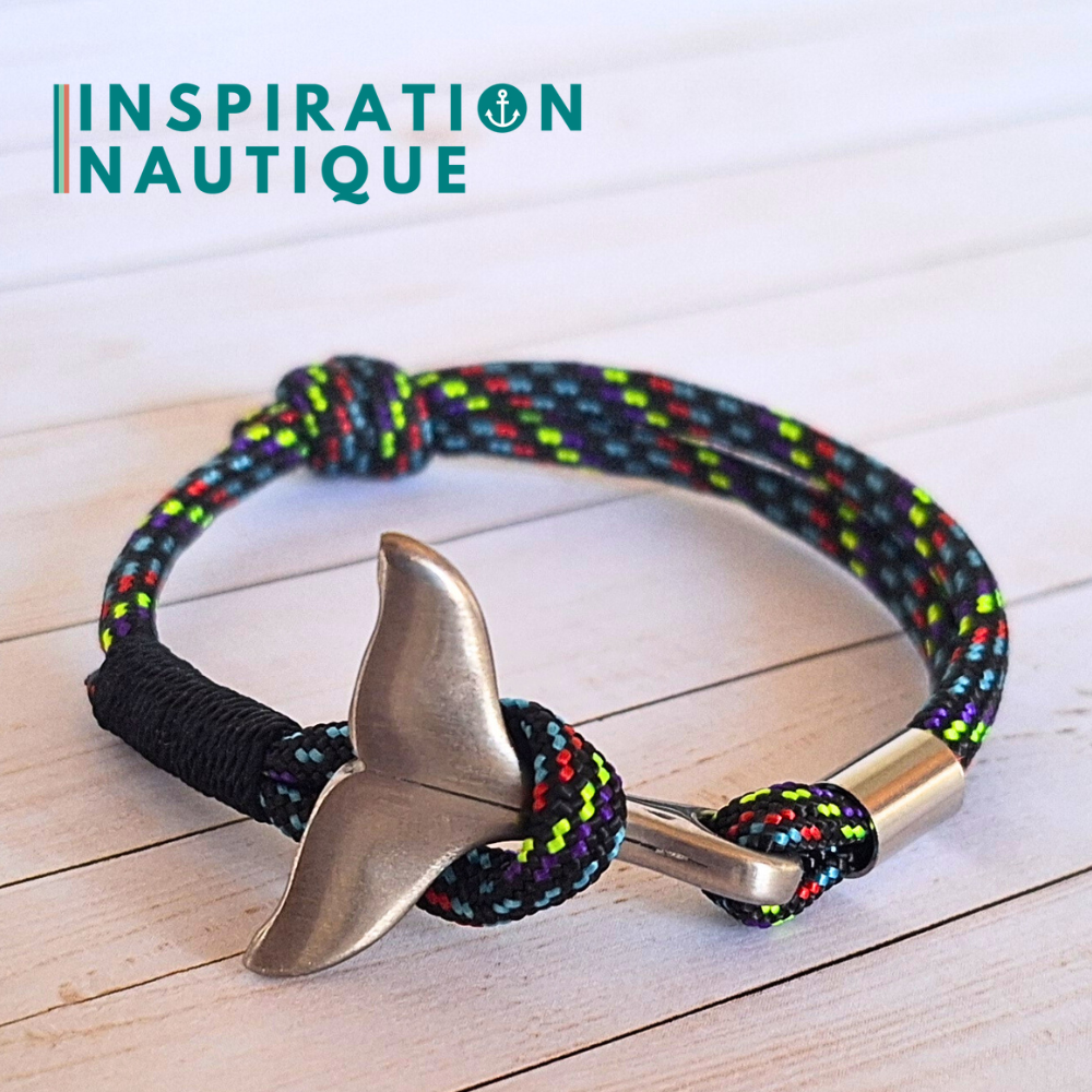 Bracelet marin avec queue de baleine en paracorde 550 et acier inoxydable, ajustable, Cher, surliure noire, Medium