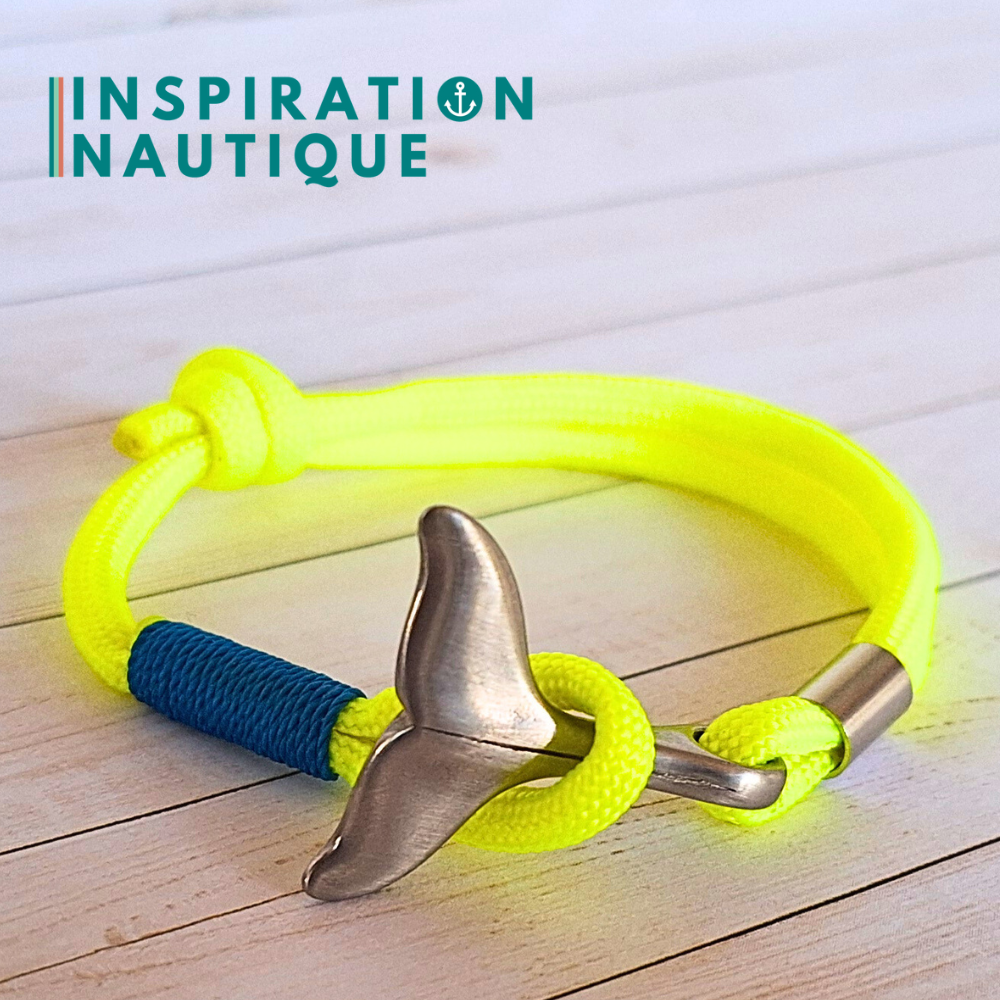 Bracelet marin avec queue de baleine en paracorde 550 et acier inoxydable, ajustable, Jaune fluo, surliure bleue, Medium