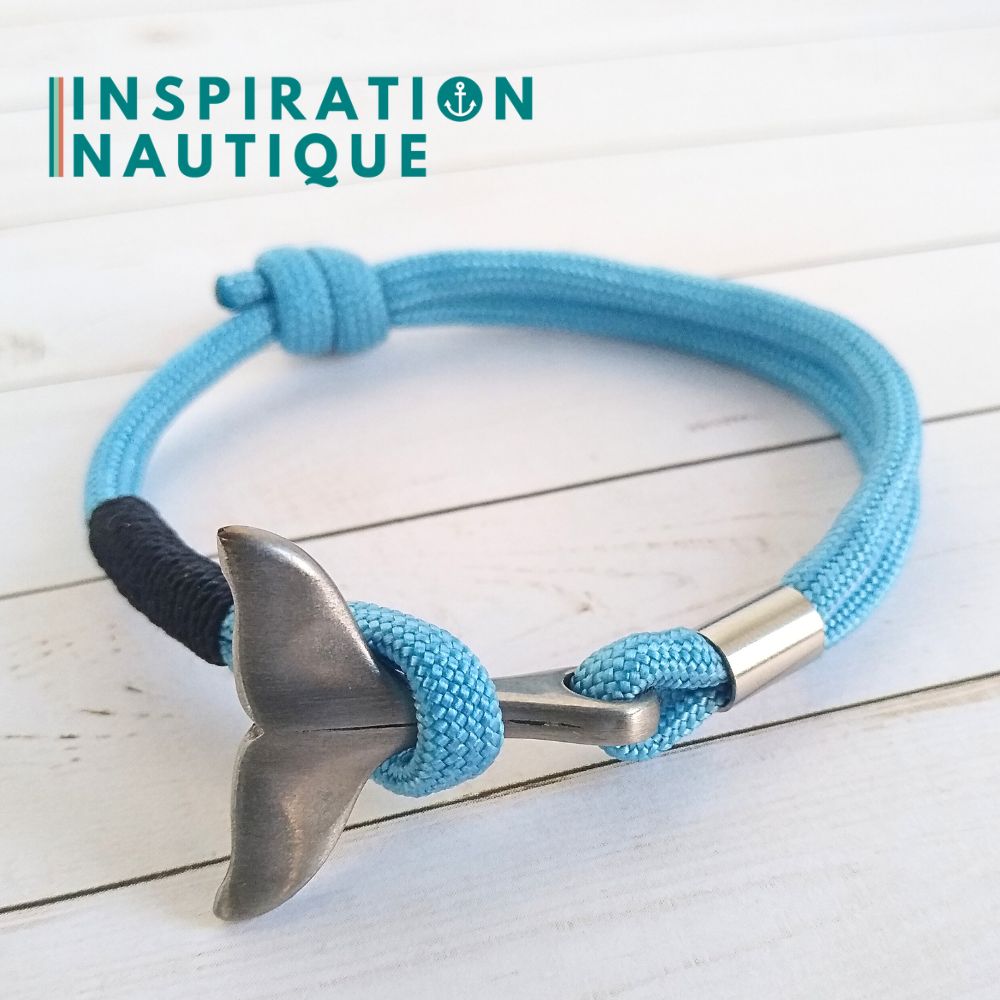 Bracelet marin avec queue de baleine en paracorde 550 et acier inoxydable, ajustable, Bleu pâle, surliure marine, Medium