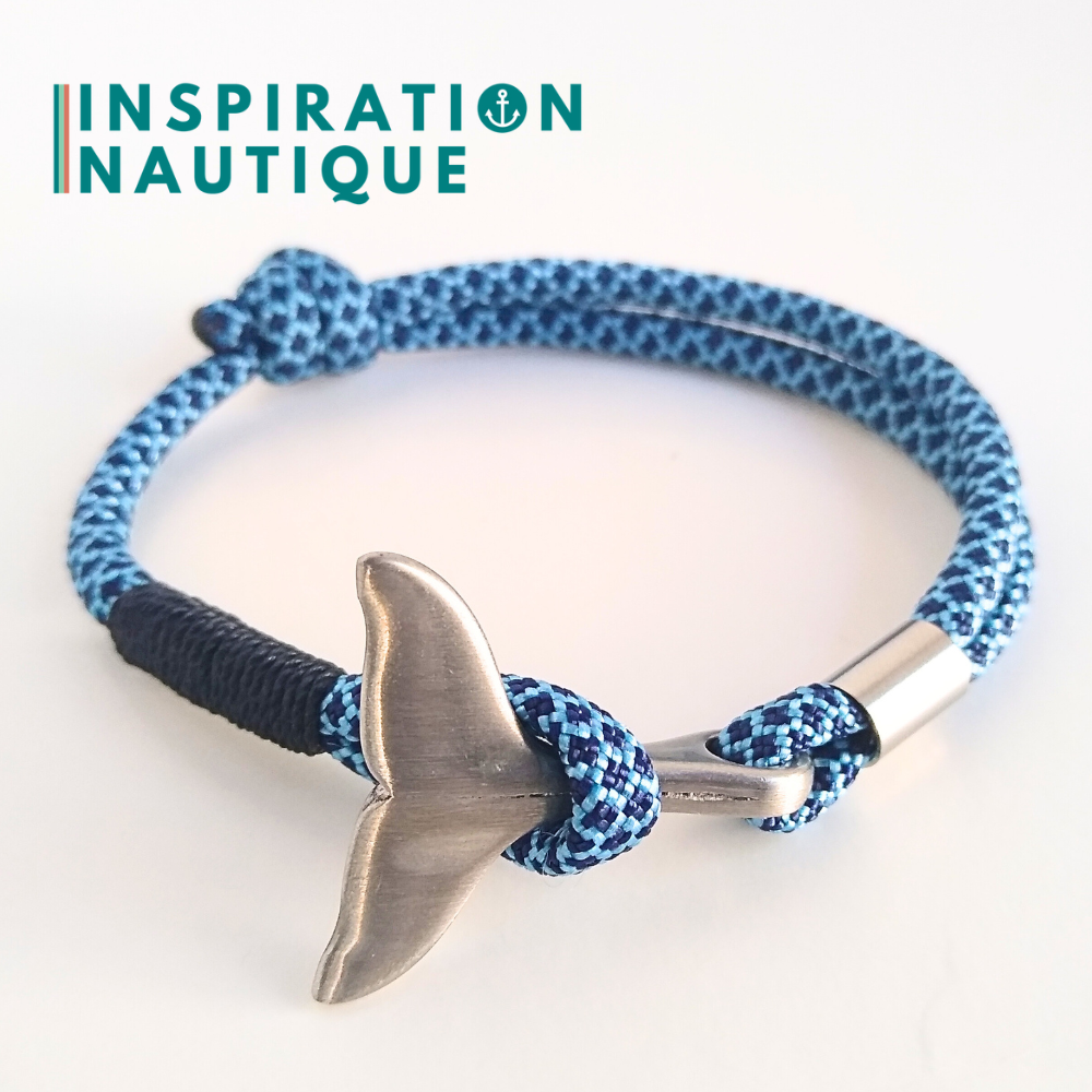 Bracelet marin avec queue de baleine en paracorde 550 et acier inox, ajustable, Bleu pâle et marine, diamants, surliure marine, Medium