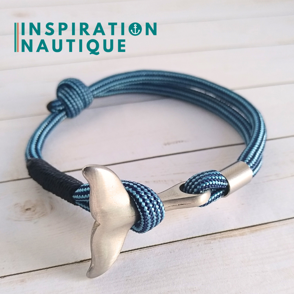 Bracelet marin avec queue de baleine en paracorde 550 et acier inoxydable, ajustable, Bleu pâle et marine, ligné, surliure marine, Medium