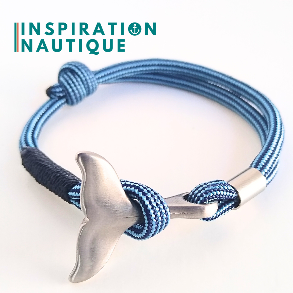 Bracelet marin avec queue de baleine en paracorde 550 et acier inoxydable, ajustable, Bleu pâle et marine, ligné, surliure marine, Medium