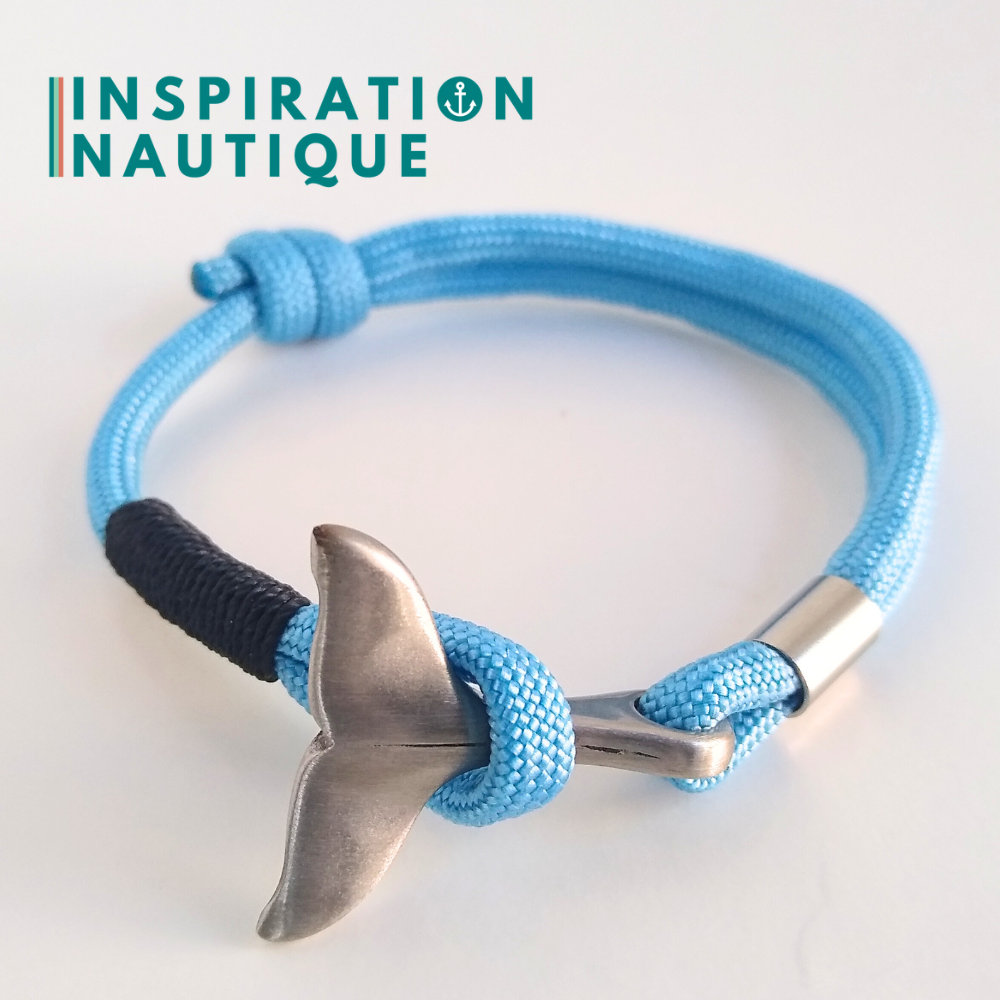 Bracelet marin avec queue de baleine en paracorde 550 et acier inoxydable, ajustable, Bleu pâle, surliure marine, Medium