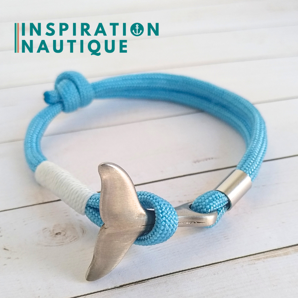 Bracelet marin avec queue de baleine en paracorde 550 et acier inoxydable, ajustable, Bleu pâle, surliure blanche, Medium