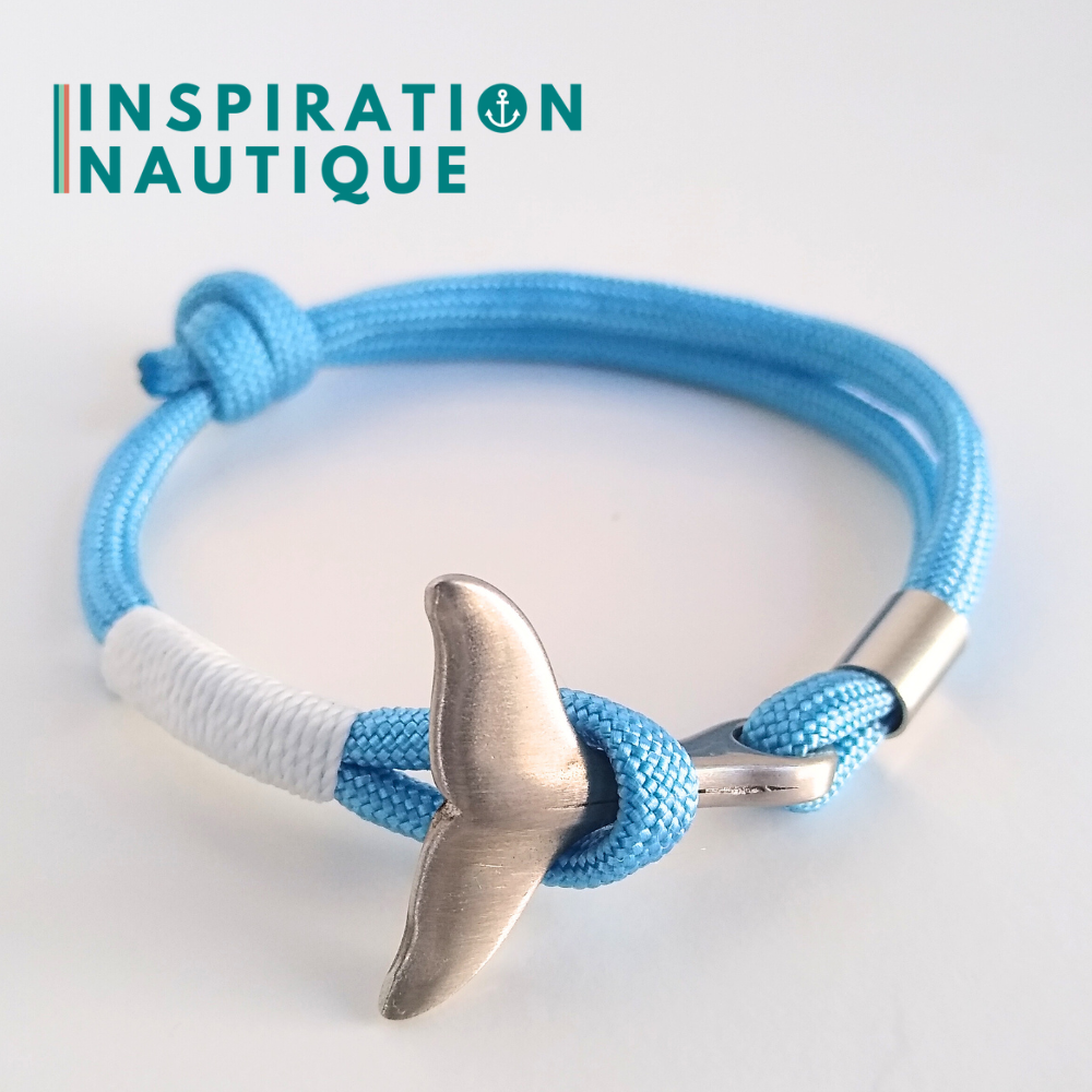 Bracelet marin avec queue de baleine en paracorde 550 et acier inoxydable, ajustable, Bleu pâle, surliure blanche, Medium