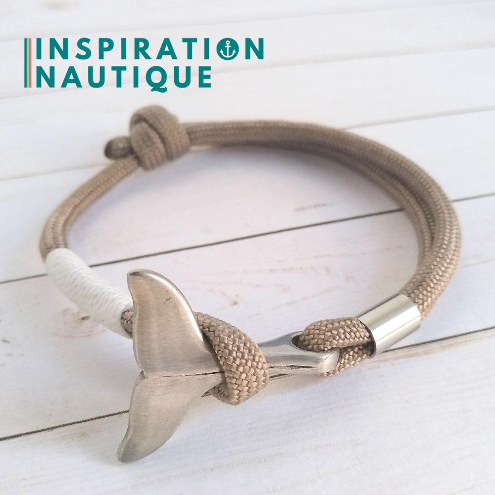 Bracelet marin avec queue de baleine en paracorde 550 et acier inoxydable, ajustable, Sable, surliure blanche, Medium