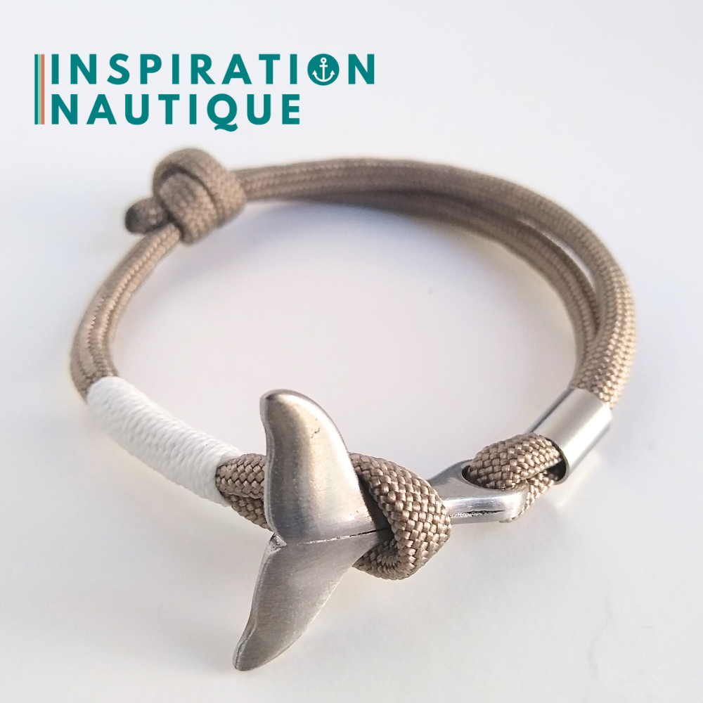 Bracelet marin avec queue de baleine en paracorde 550 et acier inoxydable, ajustable, Sable, surliure blanche, Medium