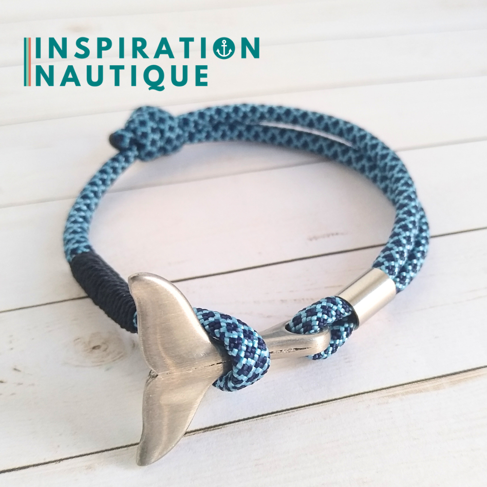 Bracelet marin avec queue de baleine en paracorde 550 et acier inox, ajustable, Bleu pâle et marine, diamants, surliure marine, Medium