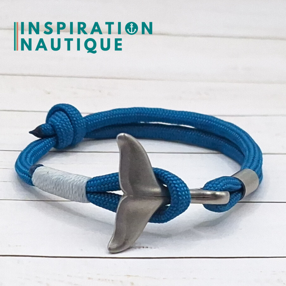 Bracelet marin avec queue de baleine en paracorde 550 et acier inoxydable, ajustable, Bleu caraïbes, Surliure blanche, Medium