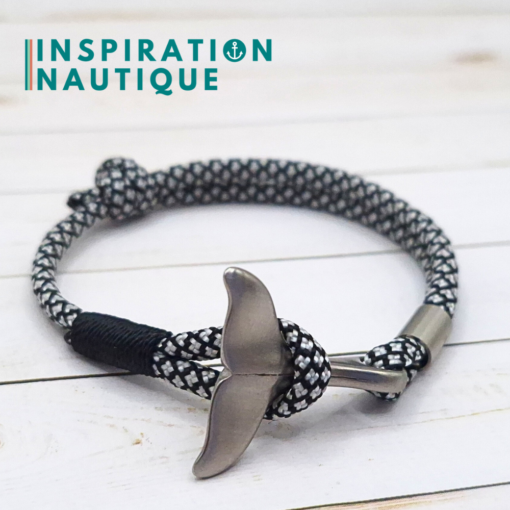 Bracelet marin avec queue de baleine en paracorde 550 et acier inoxydable, ajustable, Noir et argenté diamants, surliure noire, Medium