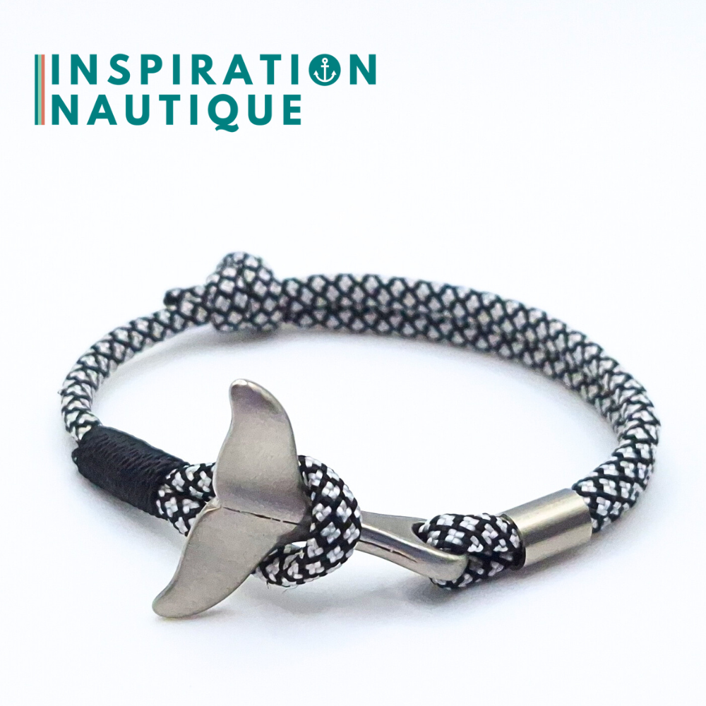 Bracelet marin avec queue de baleine en paracorde 550 et acier inoxydable, ajustable, Noir et argenté diamants, surliure noire, Medium