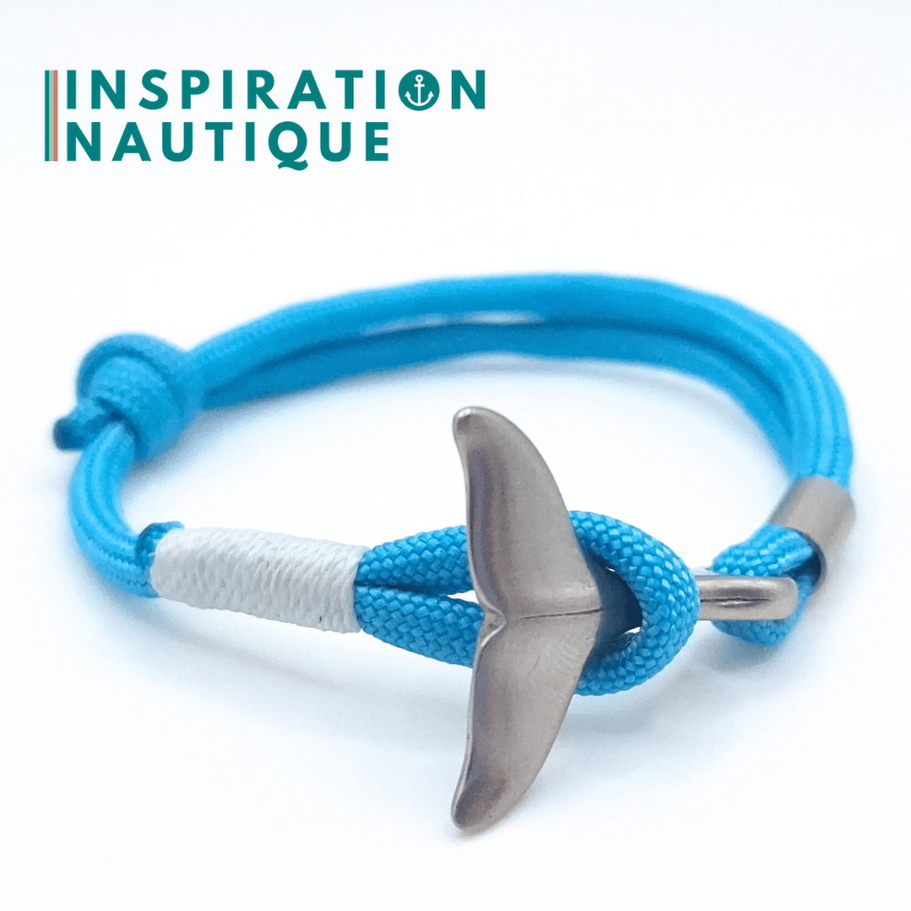 Bracelet marin avec queue de baleine en paracorde 550 et acier inoxydable, ajustable, Turquoise, surliure blanche, Medium