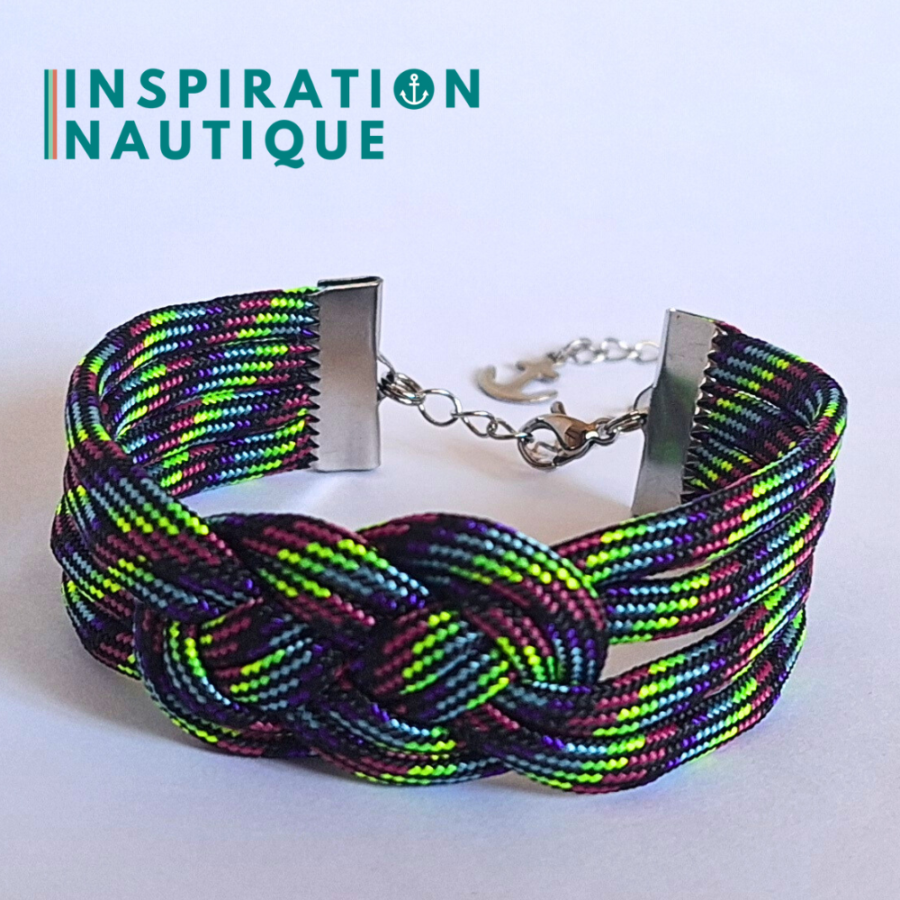Bracelet marin avec noeud de carrick double, en paracorde 550 et acier inoxydable, Noir et fluo ligné
