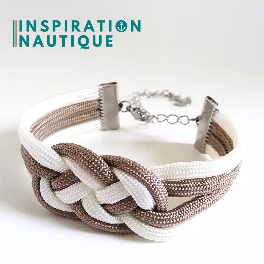 Bracelet marin avec noeud de carrick double unisexe, en paracorde 550 et acier inoxydable, Sable et blanc