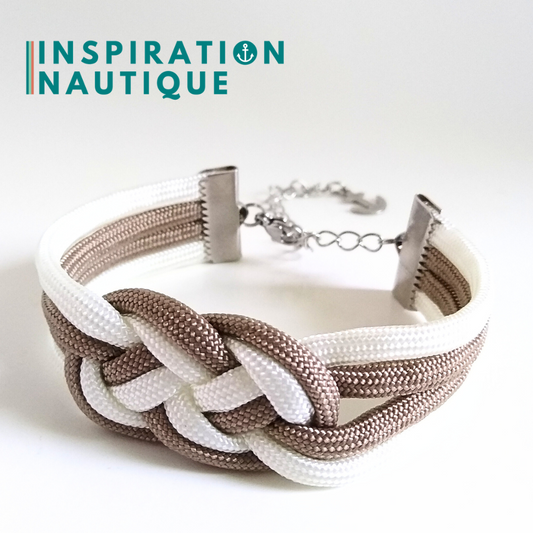 Bracelet marin avec noeud de carrick double unisexe, en paracorde 550 et acier inoxydable, Sable et blanc, Medium