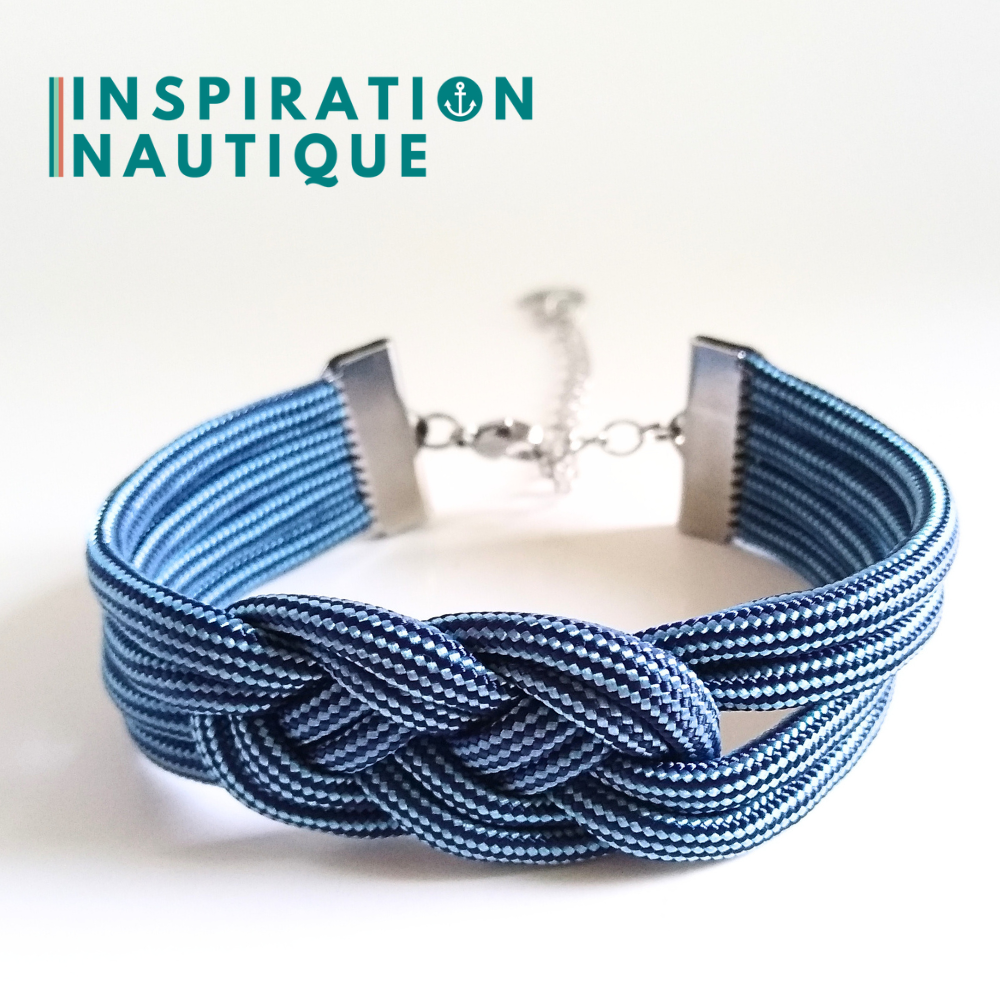 Bracelet marin avec noeud de carrick double unisexe, en paracorde 550 et acier inoxydable, Marine et bleu pâle, ligné