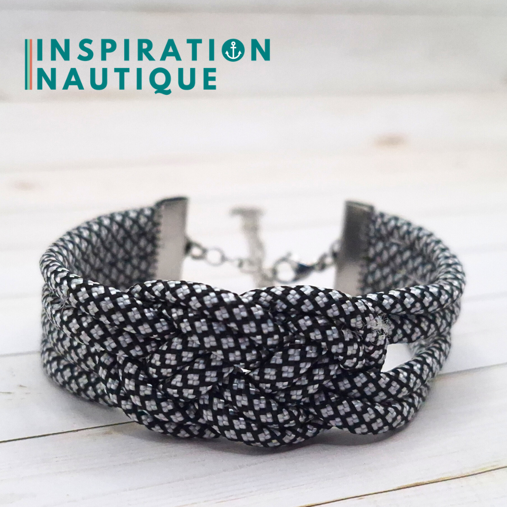 Bracelet marin avec noeud de carrick double unisexe, en paracorde 550 et acier inoxydable, Noir et argenté, diamants, Medium