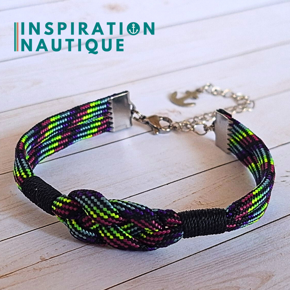 Bracelet marin avec noeud de carrick simple, en paracorde 550 et acier inoxydable, Noir et fluo ligné, Surliures noires, Medium