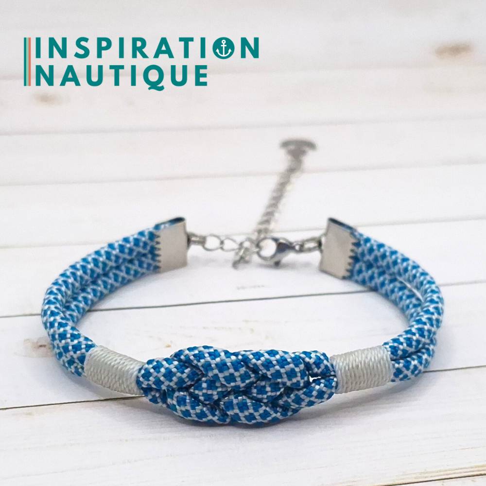 Bracelet marin avec noeud de carrick simple, en paracorde 550 et acier inoxydable, Bleu Caraïbes et blanc diamants
