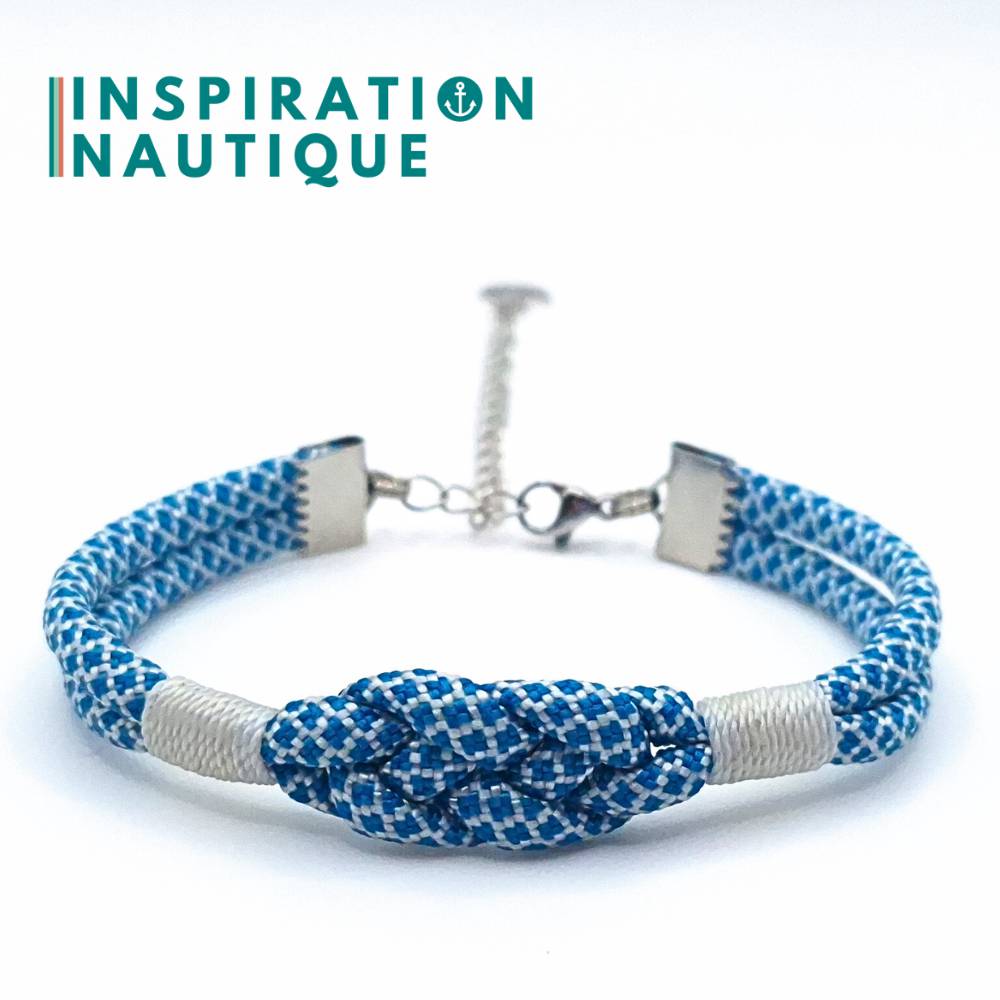 Bracelet marin avec noeud de carrick simple, en paracorde 550 et acier inoxydable, Bleu Caraïbes et blanc diamants