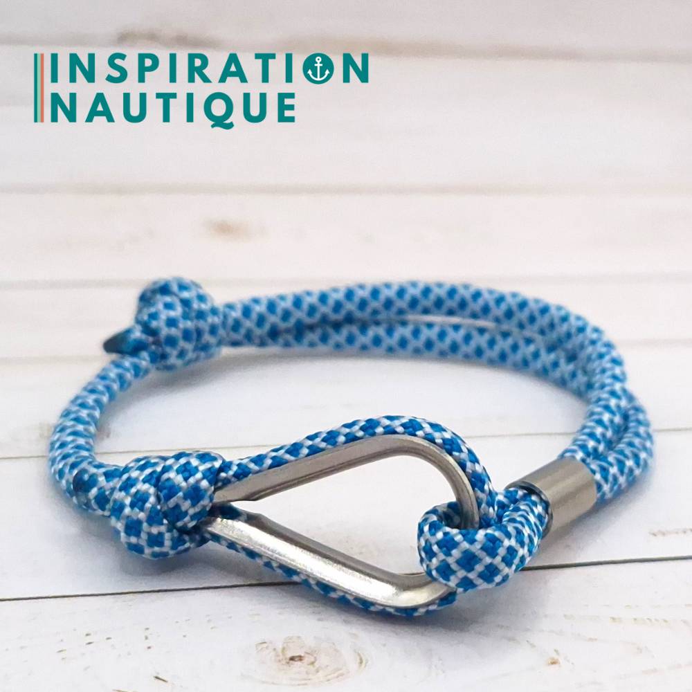 Bracelet marin avec cosse et noeud de pêcheur, Bleu Caraïbes et blanc diamants