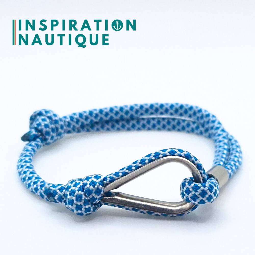 Bracelet marin avec cosse et noeud de pêcheur, Bleu Caraïbes et blanc diamants