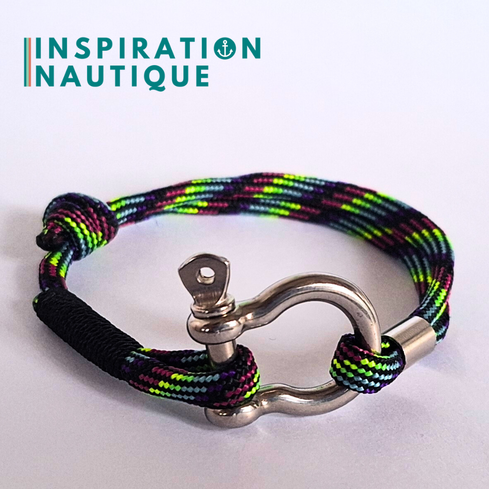 Bracelet marin avec manille en paracorde 550 et acier inoxydable, ajustable, Noir et fluo ligné