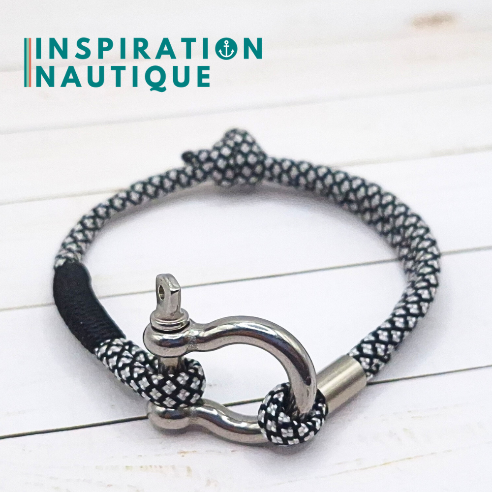Bracelet marin avec manille en paracorde 550 et acier inoxydable, ajustable, noir et argenté diamants, surliure noire, Medium