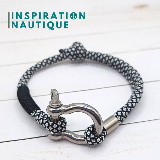 Bracelet marin avec manille en paracorde 550 et acier inoxydable, ajustable, noir et argenté diamants