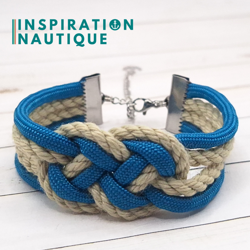 Bracelet marin avec noeud de carrick double, en paracorde 550, cordage de bateau authentique, paracorde, et acier inoxydable, Naturel et bleu Caraïbes, Medium