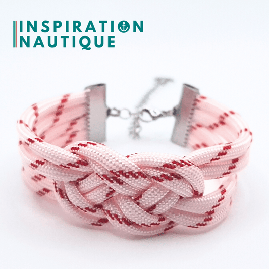 Bracelet marin avec noeud de carrick double unisexe, en paracorde 550 et acier inoxydable, Blanc avec traceur rouge, Medium