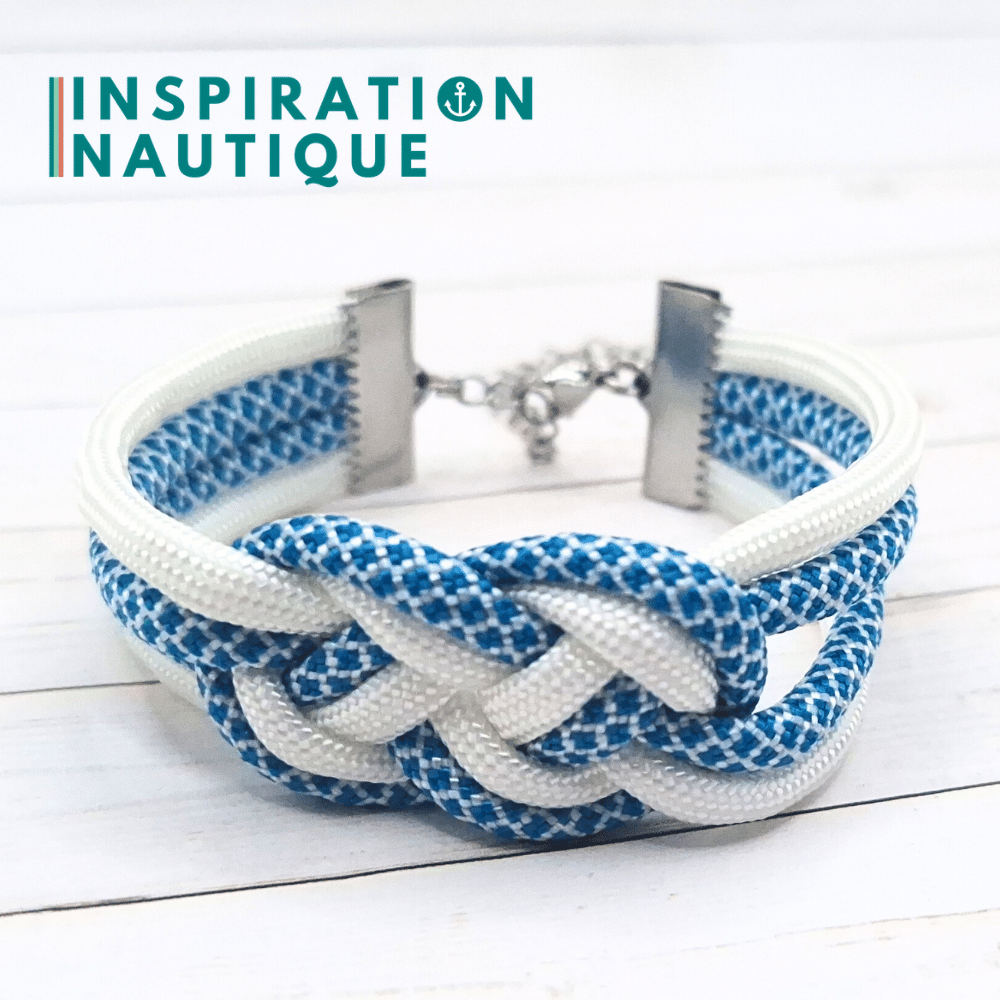 Bracelet marin avec noeud de carrick double, en paracorde 550 et acier inoxydable, Blanc, et bleu Caraïbes et blanc diamants, Medium