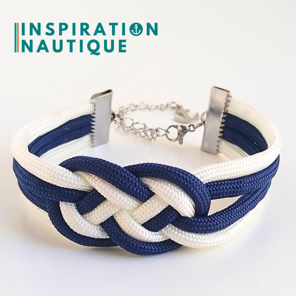 Bracelet marin avec noeud de carrick double unisexe, en paracorde 550 et acier inoxydable, Marine et blanc