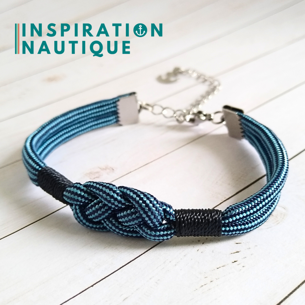 Bracelet marin avec noeud de carrick simple, Marine et bleu pâle, ligné
