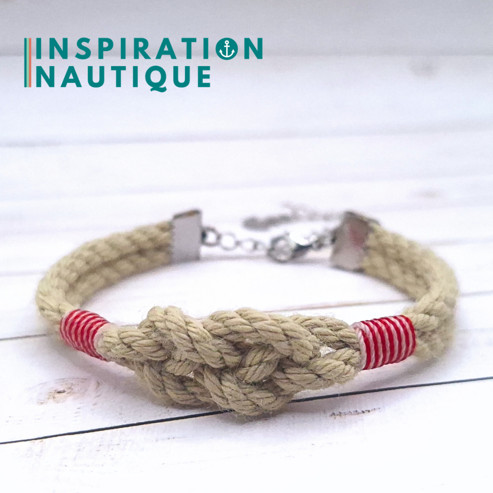 Bracelet marin avec noeud de carrick simple, en cordage de bateau et acier inoxydable, Naturel, surliures rouges et blanches, Medium