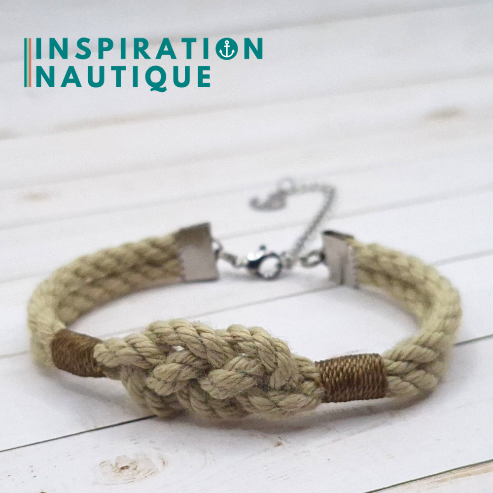 Bracelet marin avec noeud de carrick simple, en cordage de bateau et acier inoxydable, Naturel, surliures brunes, Medium