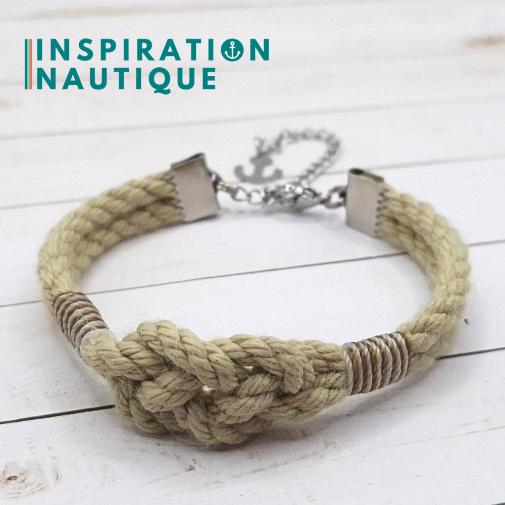 Bracelet marin avec noeud de carrick simple unisexe, en cordage de bateau authentique et acier inoxydable, Naturel et couleurs variées