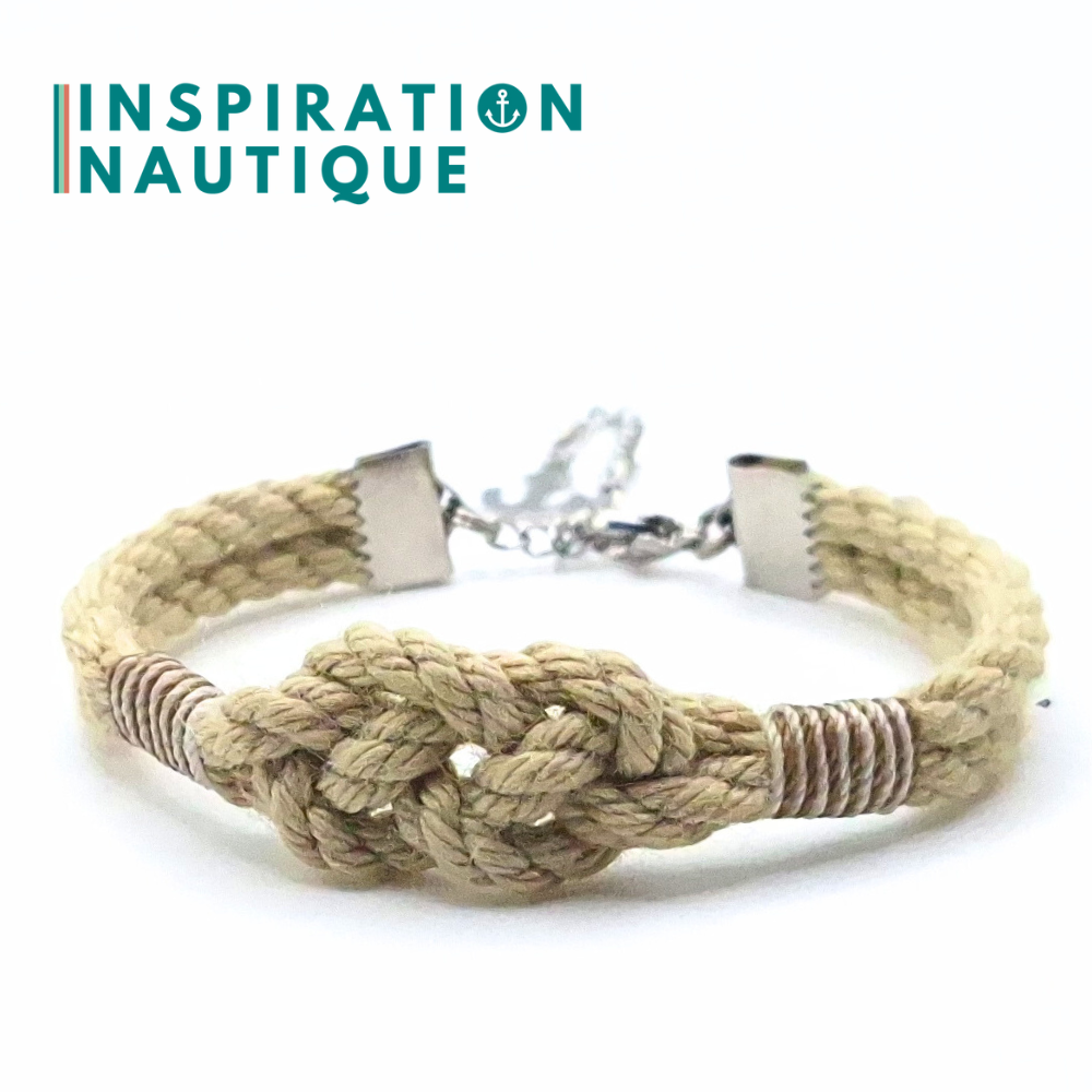 Bracelet marin avec noeud de carrick simple unisexe, en cordage de bateau authentique et acier inoxydable, Naturel et couleurs variées