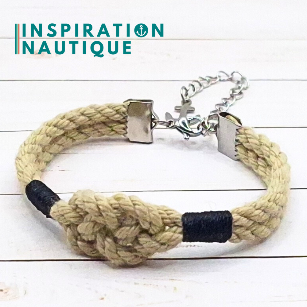 Bracelet marin avec noeud de carrick simple, en cordage de bateau et acier inoxydable, Naturel, surliures marines foncées, Medium