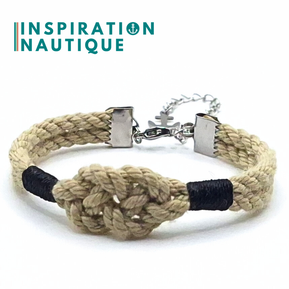 Bracelet marin avec noeud de carrick simple, en cordage de bateau et acier inoxydable, Naturel, surliures marines foncées, Medium