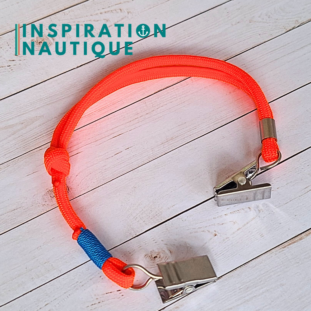 Cordon tempête pour chapeau en paracorde 550 et acier inoxydable, ajustable, Orange fluo, Surliure bleue
