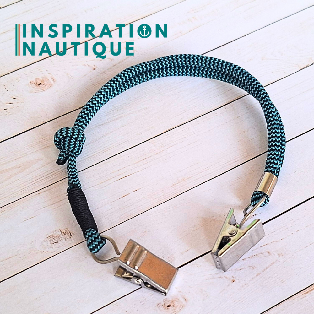 Cordon tempête pour chapeau en paracorde 550 et acier inoxydable, ajustable, Turquoise et noir zigzags, surliure noire