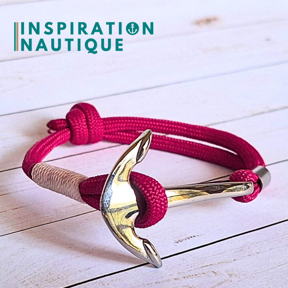 Bracelet marin avec ancre en paracorde 550 et acier inoxydable, ajustable, Fuschia, Surliure blanche, Medium