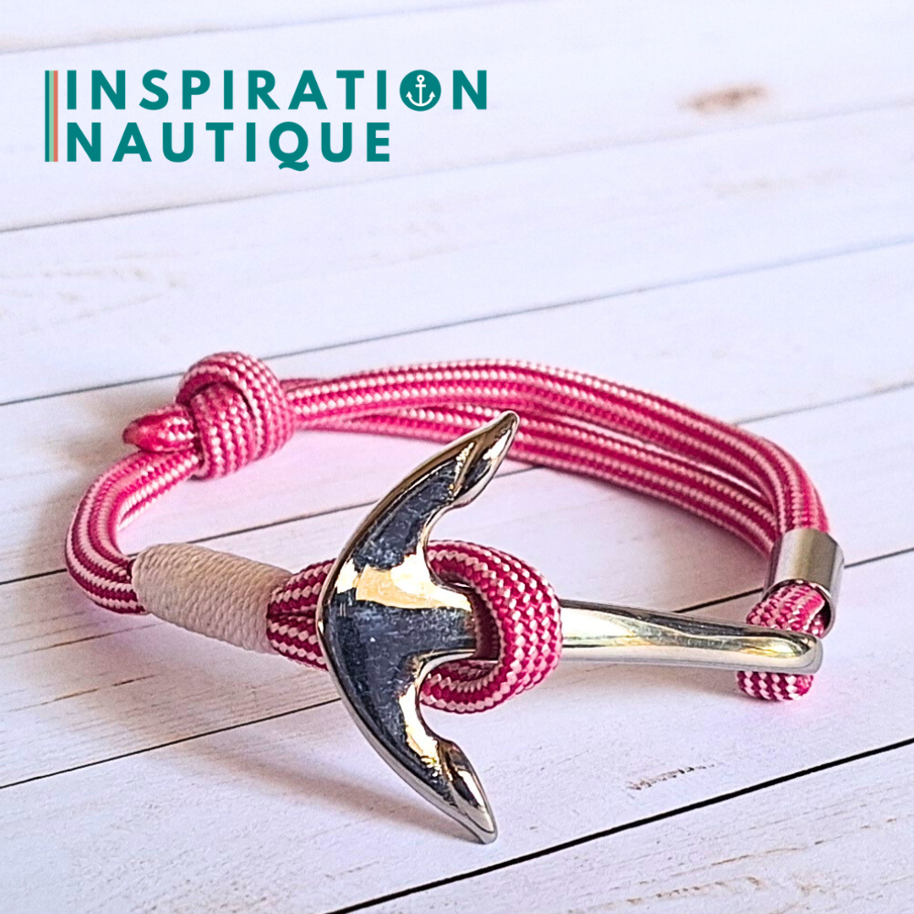 Bracelet marin avec ancre en paracorde 550 et acier inoxydable, ajustable, Fuschia et blanc ligné, Surliure blanche, Medium