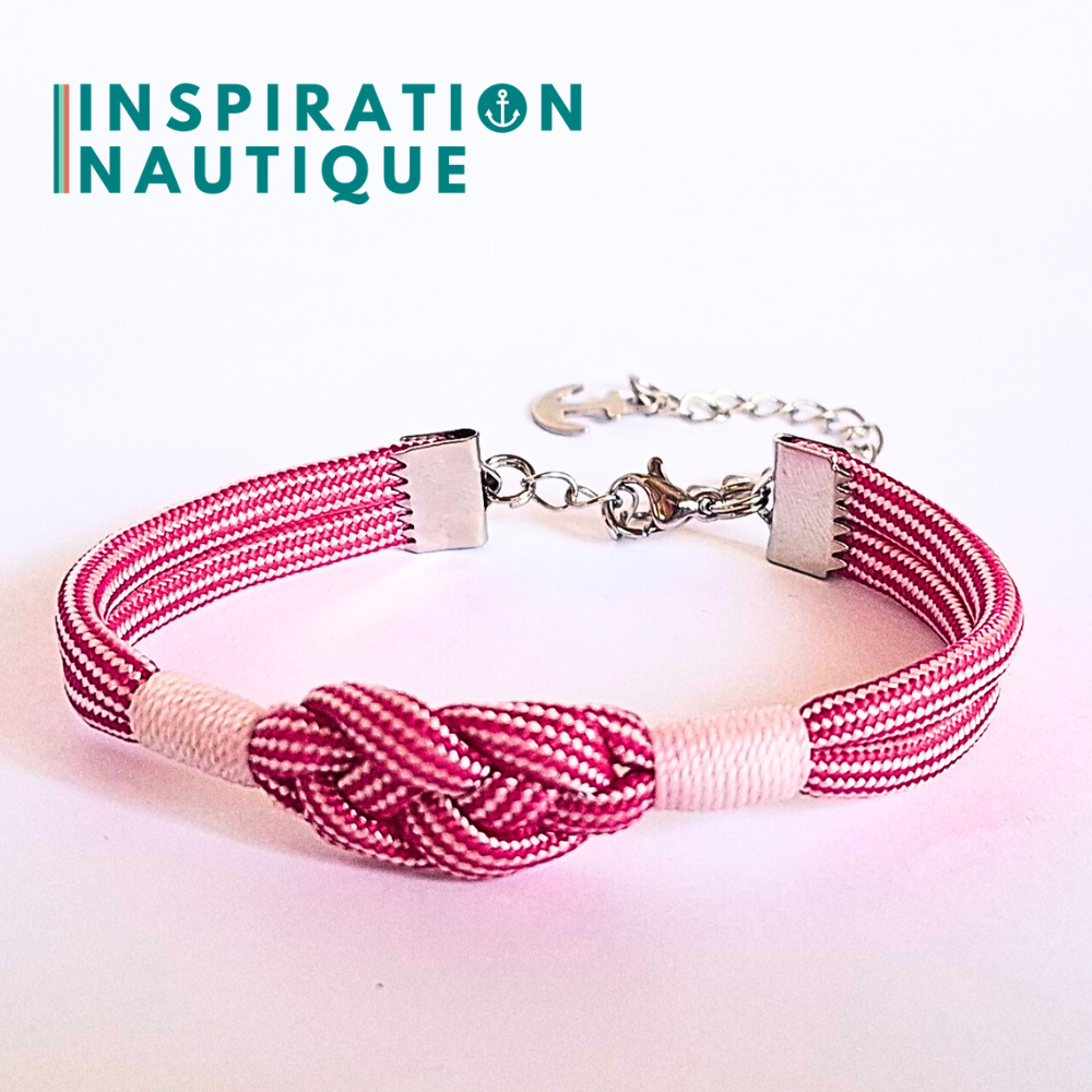 Bracelet marin avec noeud de carrick simple, en paracorde 550 et acier inoxydable, Fuchsia et blanc ligné