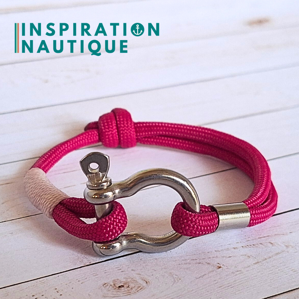 Bracelet marin avec manille en paracorde 550 et acier inoxydable, ajustable, Fuchsia, surliure blanche, Medium
