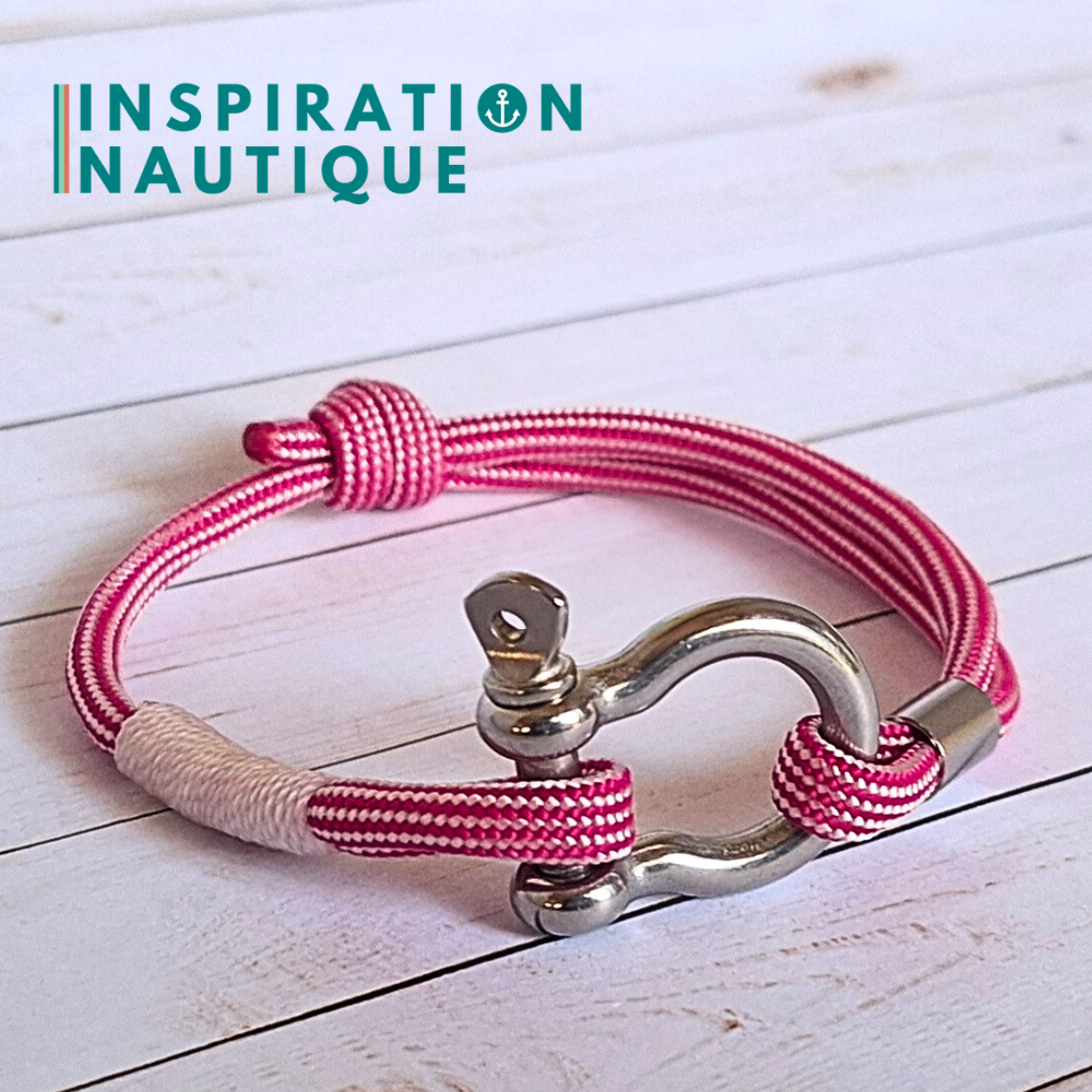 Bracelet marin avec manille en paracorde 550 et acier inoxydable, ajustable, Fuchsia et blanc ligné, surliure blanche, Medium