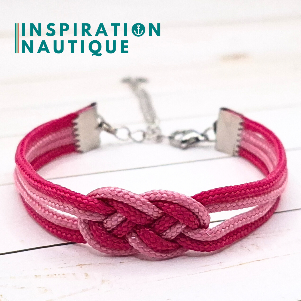 Bracelet marin avec mini noeud de carrick double, en petite paracorde et acier inoxydable, Fuchsia et lavande rose