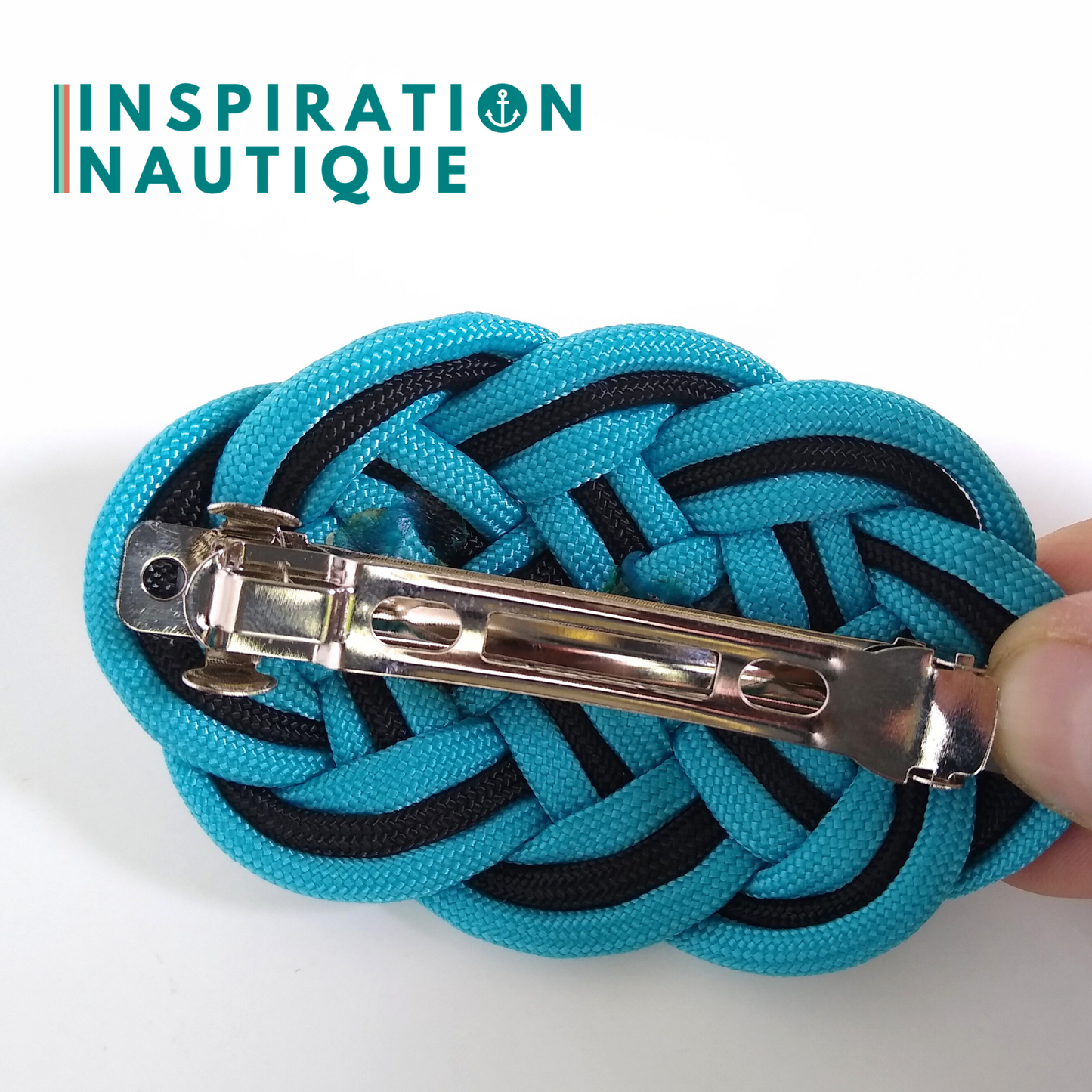 Barrette au style marin composée d'une baderne en paracorde 550, turquoise et noire